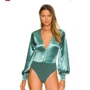 Bardot Deep V Teal Velvet Bodysuit sz XS